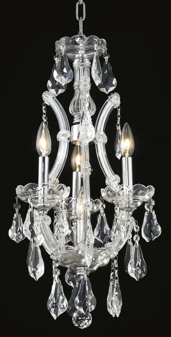 A heavenly high point to your home, Maria Theresa collection pendant lamps are ablaze with hundreds of resplendent crystals. Copious strands of sparkling clear or golden-teak crystals dangle from elaborate tiers of glass-coated steel arms in your choice of a wide selection of finish colors. An imperial favorite for the stairwell, dining room, or living room. Collection: Maria Theresa Rooms: Dining room, Living room, Bedroom, Bathroom, Entry Way, Finish: Chrome Crystal: clear Notes: Royal Cut Crystal (Clear) Width: 12.00" Height: 22.00" Length: 12.00" Weight: 21.00 lb Chain: 60"Chrome Wire: 141.73" Clear Canopy: 5.3"x1" Number of Bulbs: 4 Maximum Wattage: 40.00 W Bulb Type: B10 Bulb Base: E12 Dimmable Voltage: 110.00 V Material: Steel and Glass Country of Origin: China Safety Listing: ETL Safety Rating: UL,ULC Title 20 Title 24 Manufacturer Warranty: 1 year limited