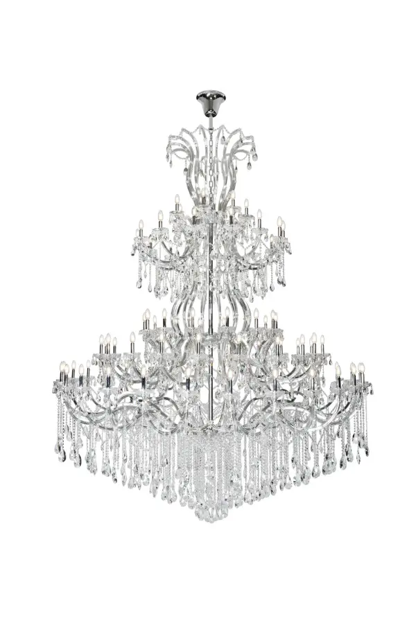 A heavenly high point to your home, Maria Theresa chandeliers are ablaze with hundreds of resplendent crystals. Copious strands of sparkling clear crystals dangle from elaborate tiers of glass-coated steel arms in chrome finish. An imperial favorite for the stairwell, dining room, or living room. Collection: Maria Theresa Rooms: Entry way, foyer, stairway Finish: Chrome Crystal: clear Notes: Royal Cut Crystal (Clear) Width: 96.00" Height: 120.00" Length: 96.00" Weight: 420.00 lb Chain: 60"Chrome Wire: 144" clear Canopy: 9.8"x7" Number of Bulbs: 84 Maximum Wattage: 40.00 W Bulb Type: B10 Bulb Base: E12 Dimmable Voltage: 110.00 V Material: Steel and Glass Country of Origin: China Safety Listing: ETL Safety Rating: UL,ULC Title 20 Title 24 Manufacturer Warranty: 1 year limited