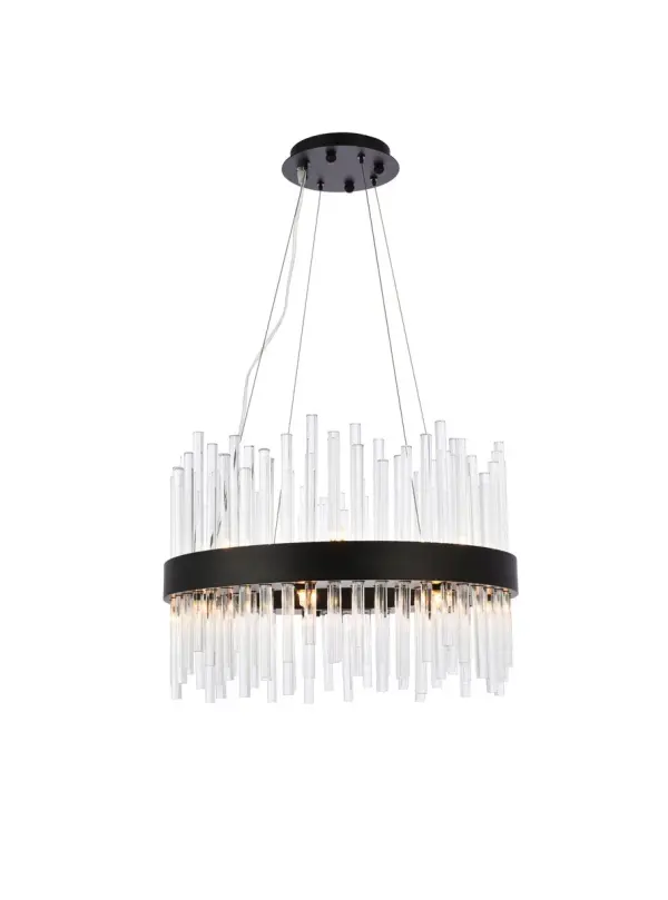 The Dallas pendant combines bold black metal framing with delicate clear glass rods in an eye-catching geometric arrangement. Its 14-light configuration provides excellent illumination while the crystal elements add sparkle and sophistication.