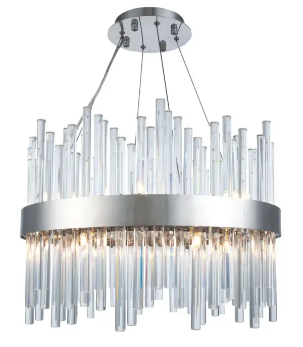 This stately fixture combines timeless elegance with modern and attractive sophistication. The delicate juxtaposition of upright and hanging clear glass rods creates a truly stunning visual statement, seamlessly woven together within a sleek chrome frame. This expressive piece would be a welcomed and treasured addition to a wide range of contemporary residential styles. Collection: Dallas Rooms: Dining room, Living room, Bedroom, Bathroom, Entry Way, Finish: Chrome Crystal: Clear Notes: Royal Cut Clear Width: 20.00" Height: 14.00" Length: 20.00" Weight: 33.00 lb Chain: 60`` Wire: 118" Clear Canopy: 6"x1" Number of Bulbs: 14 Maximum Wattage: 25.00 W Bulb Type: T4 Bulb Base: G9 Dimmable Voltage: 110.00 V Material: Metal and Crystal Country of Origin: China Safety Listing: ETL Safety Rating: UL,ULC Title 20 Title 24 Manufacturer Warranty: 1 year limited Spec Sheet