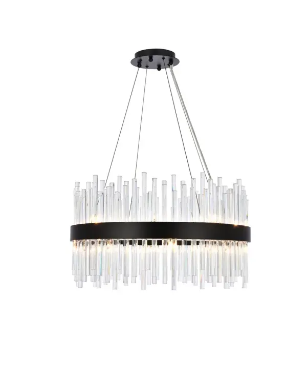 The Dallas pendant combines architectural sophistication with glamorous crystal detailing. Its bold black frame and clear glass rods create dramatic visual interest while maintaining versatility across modern interiors.