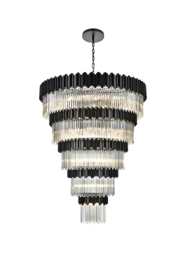 Dimensions
Chain/Rod Length: 59"
Length: 59"
Width: 59"
Height: 73"
Maximum Height: 135"
Wire Length: 157"
Specifications
Assembly Required: Yes
Bulb Included: No
Dimmable: Yes
Dry/Wet/Damp: Dry
ETL: Yes
Finish (Color): Black and Clear
Fixture Material: Iron and Glass
Hanging Device: Chain
Hardware Finish: Black
Harware Material: Iron
Max/Nominal Watt: 1720W
Number of Lights: 43
Product Shape: Round
Product Type: Chandeliers
Product Warranty: 1 year limited
Socket Type: E12
UL & ULC Standard: No
Voltage: 110V
Wattage/Bulb: 40
Weight: 330
Wire Included: Yes
Shipment type: LTL