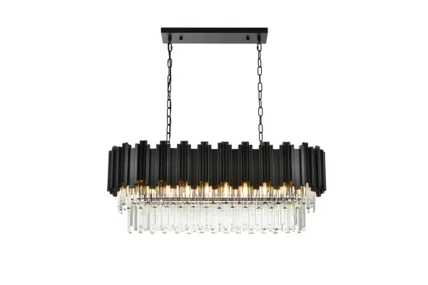 Dimensions
Chain/Rod Length: 59"
Length: 36"
Width: 14"
Height: 14"
Maximum Height: 75"
Wire Length: 157"
Specifications
Assembly Required: Yes
Bulb Included: No
Dimmable: Yes
Dry/Wet/Damp: Dry
ETL: Yes
Finish (Color): Black and Clear
Fixture Material: Iron and Glass
Hanging Device: Chain
Hardware Finish: Black
Harware Material: Iron
Max/Nominal Watt: 360W
Number of Lights: 9
Product Shape: Rectangle
Product Type: Chandeliers
Product Warranty: 1 year limited
Socket Type: E12
UL & ULC Standard: No
Voltage: 110V
Wattage/Bulb: 40
Weight: 38
Wire Included: Yes
Shipment type: Small Parcel