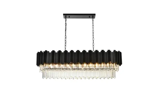 Dimensions
Chain/Rod Length: 59"
Length: 47"
Width: 14"
Height: 14"
Maximum Height: 75"
Wire Length: 157"
Specifications
Assembly Required: Yes
Bulb Included: No
Dimmable: Yes
Dry/Wet/Damp: Dry
ETL: Yes
Finish (Color): Black and Clear
Fixture Material: Iron and Glass
Hanging Device: Chain
Hardware Finish: Black
Harware Material: Iron
Max/Nominal Watt: 480W
Number of Lights: 12
Product Shape: Rectangle
Product Type: Chandeliers
Product Warranty: 1 year limited
Socket Type: E12
UL & ULC Standard: No
Voltage: 110V
Wattage/Bulb: 40
Weight: 50
Wire Included: Yes
Shipment type: Small Parcel