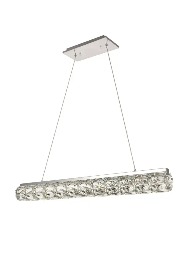Valetta hanging fixtures dress up a living room, dining room, or bedroom without overwhelming the surrounding décor. This collection features an octagonal tube-shaped stainless-steel frame that's covered almost entirely with shining rectangular royal-cut clear crystals. Faceted crystal octagonal crystals cover both ends as a charming finishing touch. A rectangular mounting plate is connected to the frame by slender cables that keep everything secure. A sleek chrome finish completes this modern look. Available in three different lengths. Collection: Valetta Rooms: Dining room, Living room, Bedroom, Bathroom, Entry Way, Finish: Chrome Crystal: Clear Notes: Royal Cut Clear Width: 3.70" Height: 3.90" Length: 36.60" Weight: 13.00 lb Chain: 80`` Wire: 80" Clear Canopy: 5.1"x1"x12" Bulbs Included Maximum Wattage: 0.65 W Bulb Type: Chip Bulb Base: Integrated Light Source: LED Light Output: 1800.00 lm CRI: 85 Dimmable Voltage: 110.00 V Material: Stainless steel and Crystal Country of Origin: China Safety Listing: ETL Safety Rating: UL,ULC Title 20 LED Manufacturer Warranty: 3 year limited