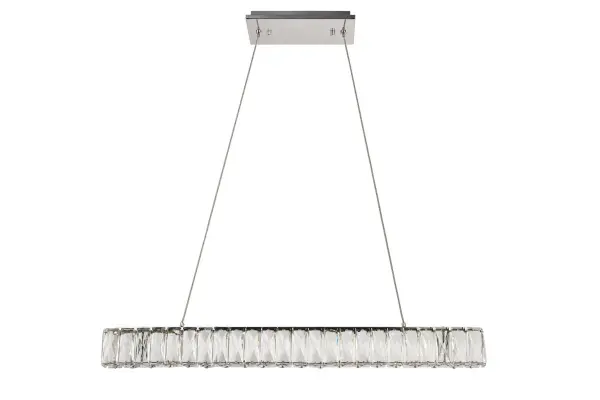 Diamonds are a girl's best friend, and sparkling Monroe collection hanging fixtures take Marilyn's famous lines to heart … for women and men alike. A minimal stainless-steel frame in a smooth chrome finish becomes dazzling when it is covered entirely with rectangular and square spectacularly faceted royal-cut clear crystals. The oblong design hangs from almost invisible wires with brilliant integrated LED shining unseen from within. Stunning when placed in a dining room, kitchen, living room, or bedroom. Collection: Monroe Rooms: Dining room, Living room, Bedroom, Bathroom, Entry Way, Finish: Chrome Crystal: Clear Notes: Royal Cut Clear Width: 1.60" Height: 3.00" Length: 31.10" Weight: 9.00 lb Chain: 80`` Wire: 80" Clear Canopy: 5.1"x1"x10" Bulbs Included Maximum Wattage: 0.70 W Bulb Type: Chip Bulb Base: Integrated Light Source: LED Color Temperature: 4000 K CRI: 85 Dimmable Voltage: 110.00 V Material: stainless steel and crystal Country of Origin: China Safety Listing: ETL Safety Rating: UL,ULC Title 20 LED Manufacturer Warranty: 3 year limited