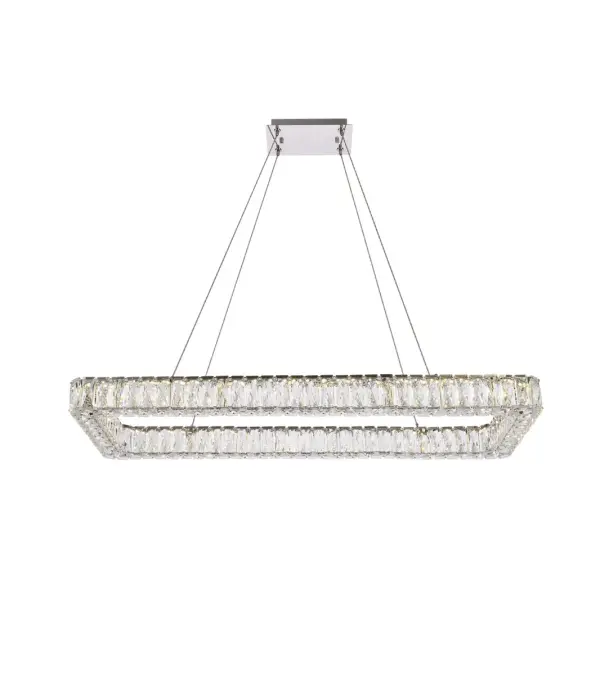 Diamonds are a girl's best friend, and sparkling Monroe collection hanging fixtures take Marilyn's famous lines to heart … for women and men alike. A minimal stainless-steel frame becomes dazzling when it is covered entirely with rectangular and square spectacularly faceted clear crystals. The oblong design hangs from almost invisible wires with brilliant integrated LED shining unseen from within. Stunning when placed in a dining room, kitchen, living room, or bedroom. Collection: Monroe Rooms: dining room, living room, office, bedroom Finish: Chrome Crystal: Clear Width: 18.00" Height: 3.00" Length: 42.00" Weight: 27.00 lb Wire: 78" Clear Canopy: 5.5"x1"x9.1" Bulbs Included Number of Bulbs: 1 Bulb Type: LED Bulb Base: Integrated Light Source: LED Light Output: 4320.00 lm Color Temperature: 4000 K CRI: 85 Dimmable Voltage: 110.00 V Material: Metal and Crystal Country of Origin: China Safety Listing: ETL Safety Rating: Dry Title 20 LED Manufacturer Warranty: 3 year limited