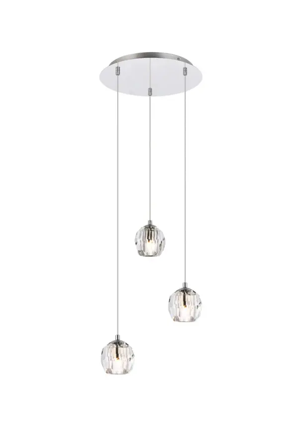Like enchanting bubbles of air surfacing from the fathoms of the deep sea, the Eren contemporary hanging pendant adds lighting with richness and grace. The layering of clear crystal globes offer softened, harmonious light to match a variety of home décor. Creating an environment of sophistication, this beautiful hanging pendant adds drops of magic to express your refined style. Collection: Eren Finish: Chrome Glass: Clear Crystal: clear Width: 11.80" Height: 3.70" Length: 11.80" Weight: 7.00 lb Chain: 78`` Wire: 78" Transparent Canopy: 11.8"x1" Number of Bulbs: 3 Maximum Wattage: 10.00 W Bulb Type: T4 Bulb Base: G9 Light Source: LED Voltage: 110.00 V Material: Stainless steel and Crystal Glass Country of Origin: China Safety Listing: ETL Safety Rating: Dry Title 20 Title 24 LED Manufacturer Warranty: 3 year limited