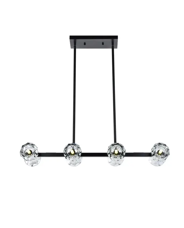 Dimensions
Chain/Rod Length: 46"
Length: 31"
Width: 8"
Height: 3.5"
Maximum Height: 50.5"
Wire Length: 75"
Specifications
Assembly Required: yes
Average Life (Hours): 20000
Bulb Included: No
CRI: 80
Crystal/Glass Color: Clear
Dimmable: Yes
Distressed Finish: No
Dry/Wet/Damp: Dry
ETL: Yes
Finish (Color): Black
Fixture Material: Iron and Crystal
Hanging Device: Rod
Hardware Finish: Black
Harware Material: Iron
Lumens: 1680
Max/Nominal Watt: 160W
Number of Lights: 8
Product Shape: Rectangle
Product Type: Pendants
Product Warranty: 1 year limited
Socket Type: G9
UL & ULC Standard: No
Voltage: 110V - 125V
Wattage/Bulb: 20W
Watts: 24
Weight: 17
Wire Included: Yes
Shipment type: Small Parcel
US Shipping Cost: $17.00