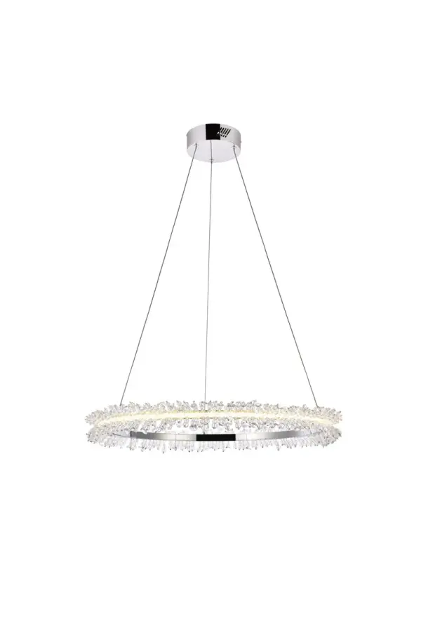 When you want dramatic, modern lighting for your home - but aren't sure about the shape of the fixture - look into the Laurel collection. Featuring a round metal ring with radiating crystal balls attached at the ends all of which blend to create impressive visual effects. Collection: Laurel Finish: Chrome Crystal: clear Width: 26.00" Height: 2.80" Length: 26.00" Weight: 8.00 lb Chain: 78.7`` Wire: 78.7" Transparent Canopy: 5.9"x1.8" Light Source: LED Voltage: 110.00 V Material: Aluminum Country of Origin: China Safety Listing: ETL Safety Rating: Dry Title 20 Title 24 LED Manufacturer Warranty: 3 year limited