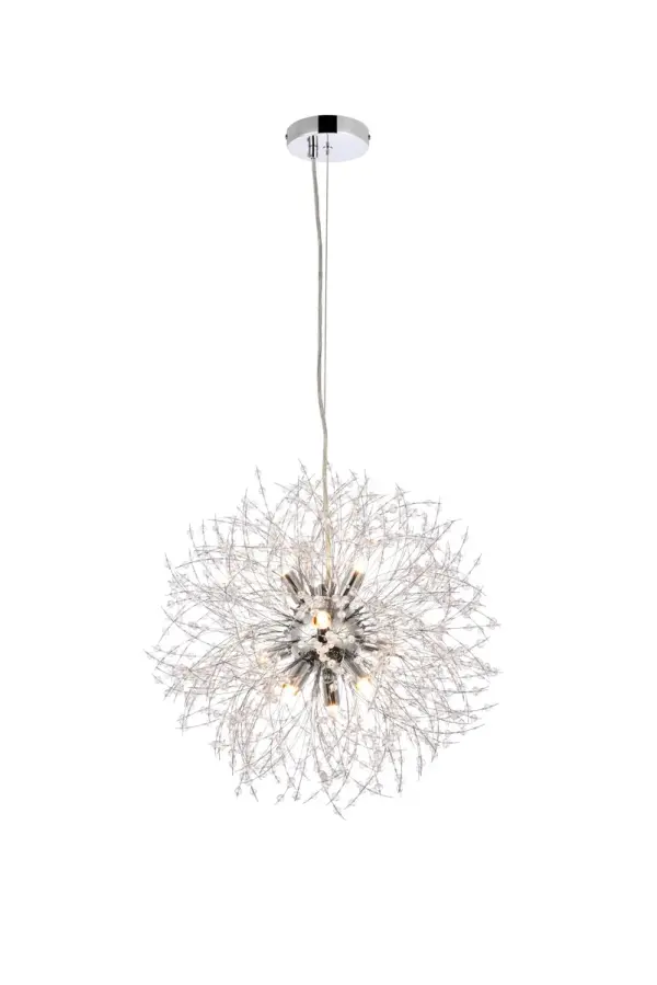 Solace collection features clear crystal beads strung on thin chome wires bursting from the center. The modern pendant is an eye-catching design that embellished with several clear crystals transforming the luminous globe to a work of art. Make a statement or set the mood in your living room, dining room, or foyer with this gorgeous style. Collection: Solace Finish: Chrome Crystal: clear Width: 17.70" Height: 17.70" Length: 17.70" Weight: 6.00 lb Chain: 78.7`` Wire: 78.7" Transparent Canopy: 4.7"x1" Number of Bulbs: 9 Maximum Wattage: 8.00 W Bulb Type: T4 Bulb Base: G9 Voltage: 110.00 V Material: Iron Country of Origin: China Safety Listing: ETL Safety Rating: Dry Title 20 Title 24 Manufacturer Warranty: 1 year limited