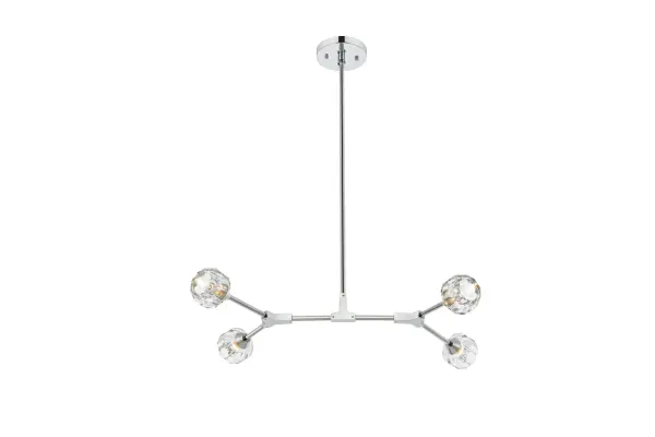 Crafted from iron metal and crystal, it features a round ceiling canopy, a hanging rod of 46 inch long, and arms extended with a solid K9 crystal ball from rods at all angles for a modern and linear look. Each 20W G9 bulb ( not included) is diffused by a faceted clear crystal ball giving the fixture a touch of industrial and glam inspiration. This work of art will add an artful focal point to your entryway, dining room, kitchen, or office. Evoking a sophisticated and timeless aesthetic to any space and will be an instant conversation started with its finely faceted crystal sphere which is polished by hand to reflect and refract light. Available in three different finishes in gold, chrome, and black. Collection: Zayne Finish: Chrome and Clear Glass: Clear Crystal: Clear Width: 21.00" Height: 4.00" Length: 29.00" Weight: 10.00 lb Wire: 70" Clear Rod: 46"Chrome Canopy: 6"x1" Number of Bulbs: 4 Maximum Wattage: 20.00 W Bulb Type: G9 Bulb Base: G9 Dimmable Voltage: 110.00 V Material: Iron and Crystal Country of Origin: China Safety Listing: ETL Safety Rating: Dry Manufacturer Warranty: 1 year limited