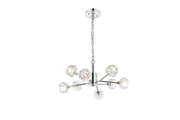 Crafted from iron metal and crystal, it features a round ceiling canopy, a 60 inch hanging chain, and arms extended with a solid K9 crystal ball from rods at all angles for a modern and linear look. Each 20W G9 bulb ( not included) is diffused by a faceted clear crystal ball giving the fixture a touch of industrial and glam inspiration. This work of art will add an artful focal point to your entryway, dining room, kitchen, or office. Evoking a sophisticated and timeless aesthetic to any space and will be an instant conversation started with its finely faceted crystal sphere which is polished by hand to reflect and refract light. Available in three different finishes in gold, chrome, and black. Collection: Graham Finish: Chrome and Clear Glass: Clear Crystal: Clear Width: 24.00" Height: 12.00" Length: 24.00" Weight: 19.00 lb Chain: 59"Chrome Wire: 135" Clear Canopy: 6"x1" Number of Bulbs: 8 Maximum Wattage: 20.00 W Bulb Type: G9 Bulb Base: G9 Dimmable Voltage: 110.00 V Material: Iron and Crystal Country of Origin: China Safety Listing: ETL Safety Rating: Dry Manufacturer Warranty: 1 year limited