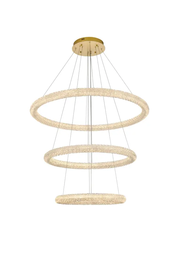 Dimensions
Chain/Rod Length: 132"
Width: 42"
Height: 21"
Maximum Height: 136"
Wire Length: 132"
Specifications
Assembly Required: No
Average Life (Hours): 20000
Bulb Included: Yes
CRI: 80
Crystal/Glass Color: Clear
Dimmable: Yes
Distressed Finish: No
Dry/Wet/Damp: Dry
ETL: Yes
Finish (Color): Satin Gold
Fixture Material: Iron and Crystal
Hanging Device: Steel Wire
Hardware Finish: Satin Gold
Harware Material: Iron
Lumens: 9800
Number of Lights: 3
Product Shape: Round
Product Type: Chandeliers
Product Warranty: 1 year limited
Socket Type: LED SMD
UL & ULC Standard: No
Voltage: 110V - 125V
Watts: 140
Weight: 54
Wire Included: Yes
Shipment type: LTL
US Shipping Cost: $142.00