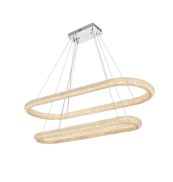 Dimensions
Chain/Rod Length: 132"
Length: 51"
Width: 20"
Height: 12"
Maximum Height: 136"
Wire Length: 132"
Specifications
Assembly Required: No
Average Life (Hours): 20000
Bulb Included: Yes
#N/A
Color Temperature: 3000K+4500K+6000K
CRI: 80
Crystal/Glass Color: Clear
Dimmable: Yes
Distressed Finish: No
Dry/Wet/Damp: Dry
ETL: Yes
Finish (Color): Chrome
Fixture Material: Iron and Crystal
Hanging Device: Steel Wire
Hardware Finish: Chrome
Harware Material: Iron
Lumens: 980
Number of Lights: 2
Product Shape: Rectangle
Product Type: Chandeliers
Product Warranty: 3 year limited
Socket Type: LED SMD
UL & ULC Standard: No
Voltage: 110V - 125V
Wattage/Bulb: 108
Watts: 14
Weight: 38
Wire Included: Yes
Shipment type: Small Parcel
US Shipping Cost: $36.00