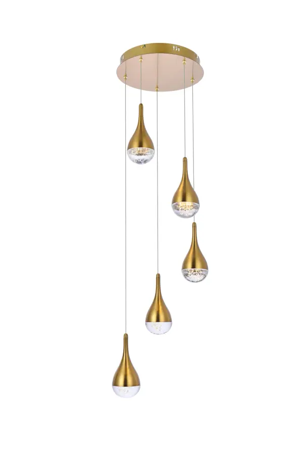 Specification Sheet
Dimensions
Chain/Rod Length: 71"
Length: 14.5"
Width: 14.5"
Height: 9"
Maximum Height: 82"
Wire Length: 71"
Specifications
Assembly Required: No
Average Life (Hours): 20000
Bulb Included: Yes
Color Temperature: 3000K
CRI: 80
Crystal/Glass Color: Clear
Dimmable: Yes
Distressed Finish: No
Dry/Wet/Damp: Dry
ETL: Yes
Finish (Color): Satin Gold
Fixture Material: Iron and Glass
Hardware Finish: Satin Gold
Harware Material: Iron
Lumens: 1800
Max/Nominal Watt: 25W
Number of Lights: 5
Product Shape: Round
Product Type: Pendants
Product Warranty: 1 year limited
Socket Type: LED
UL & ULC Standard: No
Voltage: 110V - 125V
Wattage/Bulb: 5W
Watts: 5
Weight: 15
Wire Included: Yes
Shipment type: Oversized Ground
US Shipping Cost: $15.00