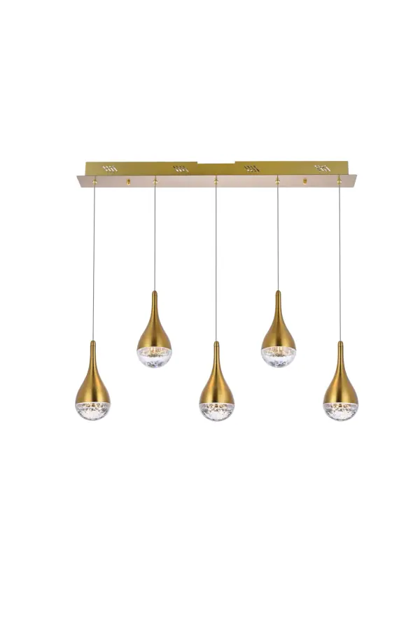 Specification Sheet
Dimensions
Chain/Rod Length: 71"
Length: 34"
Width: 4.5"
Height: 9"
Maximum Height: 82"
Wire Length: 71"
Specifications
Assembly Required: No
Average Life (Hours): 20000
Bulb Included: Yes
Color Temperature: 3000K
CRI: 80
Crystal/Glass Color: Clear
Dimmable: Yes
Distressed Finish: No
Dry/Wet/Damp: Dry
ETL: Yes
Finish (Color): Satin Gold
Fixture Material: Iron and Glass
Hardware Finish: Satin Gold
Harware Material: Iron
Lumens: 1800
Max/Nominal Watt: 25W
Number of Lights: 5
Product Shape: Rectangle
Product Type: Pendants
Product Warranty: 1 year limited
Socket Type: LED
UL & ULC Standard: No
Voltage: 110V - 125V
Wattage/Bulb: 5W
Watts: 5
Weight: 15
Wire Included: Yes
Shipment type: Oversized Ground
US Shipping Cost: $16.00