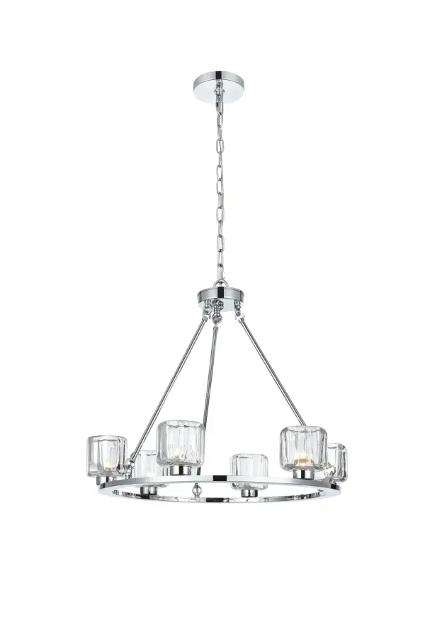 Add modern charm to your space with this striking chandelier, where a sleek circular iron frame meets sculpted clear glass shades. The unique design features decorative hanging rods with hooks, enhancing the structure with industrial flair. The clear glass refracts light beautifully, creating a radiant glow that uplights your space with warmth and dimension. Perfect for dining rooms, living rooms, or offices, this chandelier is available in black for a bold contrast, satin gold for a luxurious touch, and chrome for a sleek, modern vibe. With multiple size options and a matching canopy and chain for seamless installation, this dimmable chandelier offers both beauty and versatility. Light bulbs are not included, allowing you to choose the perfect style to match your vision. Collection: Cadence Rooms: Kitchen, dining room, bedroom, office Finish: Chrome and Clear Glass: Clear Width: 26.00" Height: 22.00" Length: 26.00" Weight: 19.00 lb Wire: 118" Clear Canopy: 5.5"x1"x5.5" Number of Bulbs: 6 Maximum Wattage: 25.00 W Bulb Base: G9 Voltage: 110.00 V Material: Iron and Glass Country of Origin: China Safety Listing: ETL Safety Rating: Dry Title 20 Title 24 Manufacturer Warranty: 1 year limited
