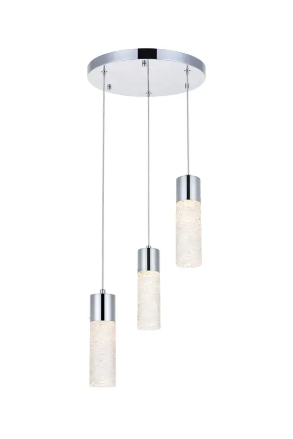 Experience the night sky and the milky way with the beauty of the Constellation 3-light pendant lamp in a chrome finish. The lights that shimmer through highlights the intricate beauty within the shades, creating an interesting weaving pattern that adds beauty and depth into your room. Its simple intricacy and compact style of the 3-light cluster makes it perfect for any home large or small, whether it's in your entry way, living room, or dining room. Collection: Constellation Rooms: dining room, living room Finish: Chrome Glass: Clear Width: 11.80" Height: 8.80" Length: 11.80" Weight: 11.00 lb Chain: 78`` Wire: 78" Clear Canopy: 11.8"x0.79" Bulbs Included Number of Bulbs: 3 Maximum Wattage: 3.50 W Bulb Type: LED Light Source: LED Light Output: 840.00 lm Color Temperature: 3000 K CRI: 80 Dimmable Rated Average Life: 20000 Voltage: 120.00 V Material: Glass and Metal Country of Origin: China Safety Listing: ETL Safety Rating: Dry Title 20 LED Manufacturer Warranty: 3 year limited