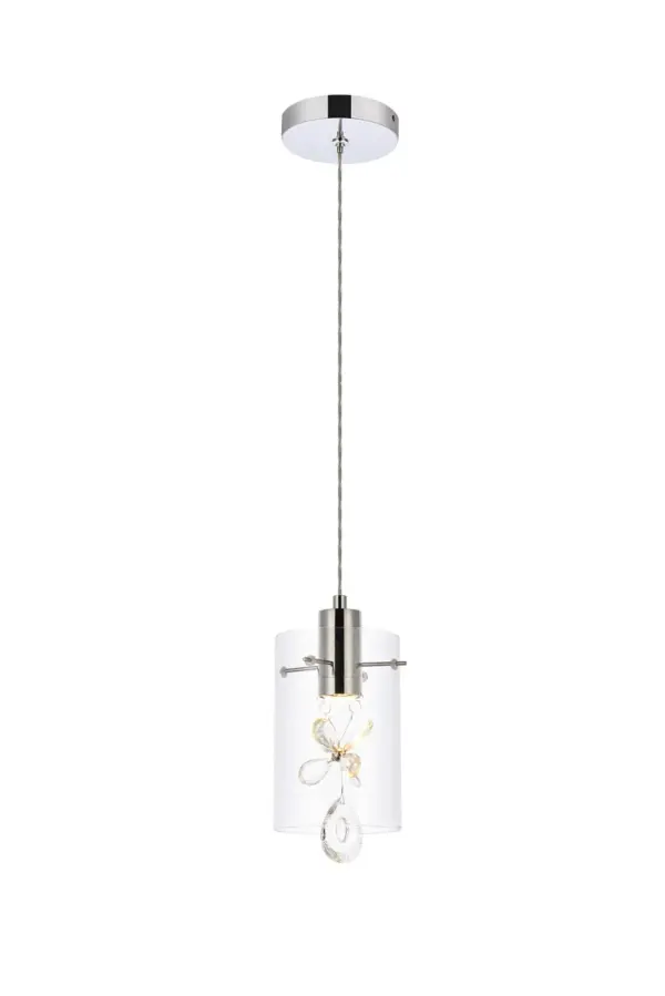 The Hana collection sparkles with an extraordinary display of faceted crystal pendalogues, creating the illusion of a shimmering cascade of ornamentation pouring from a sleek metal canopy. These fixtures would be a commanding visual presence in any room, and will fit comfortably in smaller spaces. Lighting illuminated with led diodes emitting 3000K soft white. Collection: Hana Finish: Chrome Glass: Clear Crystal: Clear Width: 6.50" Height: 10.50" Length: 6.50" Weight: 1.50 lb Chain: 60`` Wire: 60" transparent Canopy: 4.72"x0.79" Number of Bulbs: 1 Maximum Wattage: 0.84 W Bulb Type: LED Light Source: LED Light Output: 400.00 lm Color Temperature: 3000 K CRI: 80 Dimmable Voltage: 120.00 V Material: Glass and Metaland Aluminum and Crystal Country of Origin: China Safety Listing: ETL Safety Rating: Dry Title 20 LED Manufacturer Warranty: 3 year limited Spec Sheet