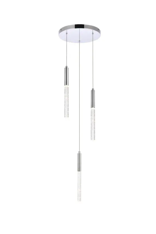 Crystal raindrops floating in a crystal cylinder balanced in mid-air. Everything about our Ruelle Collection is ethereal. The Ruelle Collection can be placed in any room of your home as an accent or as a primary feature. When lit up in the evening they are truly an amazing sight, sure to add the wow factor to your home or workplace. Lighting illuminated with led diodes emitting 3000K soft white. Collection: Ruelle Finish: Chrome Crystal: Clear Width: 12.00" Height: 13.30" Length: 12.00" Weight: 5.00 lb Chain: 78`` Wire: 78" transparent Canopy: 11.81"x1.1" Number of Bulbs: 3 Maximum Wattage: 0.50 W Bulb Type: LED Light Source: LED Light Output: 720.00 lm Color Temperature: 3000 K CRI: 80 Dimmable Voltage: 120.00 V Material: Metal and Aluminum and Crystal Country of Origin: China Safety Listing: ETL Safety Rating: Dry Title 20 LED Manufacturer Warranty: 3 year limited Spec Sheet