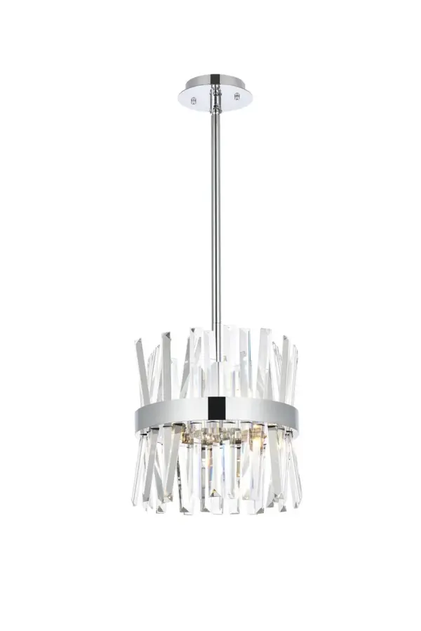 Modern crystal chandelier features top and bottom tier crystal prisms staggered along the wrought iron frame. The thick metal frame wraps around top grade crystal prisms ensure it is built to last, definitely worth it. Hang this work of art and dim the lights for a bit of sophisticated lighting in your home. Get lost in a beautiful light and sleek design available in multiple finishes. The hanging rod conveniently comes with a slope ceiling adapter, perfect for your vaulted or angled ceiling. Collection: Serephina Rooms: dining room, office, bedroom, living room Finish: chrome Crystal: Clear Width: 12.00" Height: 12.00" Length: 12.00" Weight: 13.00 lb Wire: 75" Clear Rod: L6"+L12"+L12"+L16" Canopy: 6"x1"x6" Number of Bulbs: 6 Maximum Wattage: 20.00 W Bulb Type: G9 Bulb Base: G9 Dimmable Voltage: 110.00 V Material: Iron and Crystal Country of Origin: China Safety Listing: ETL Safety Rating: Dry Title 20 Title 24 Manufacturer Warranty: 1 year limited