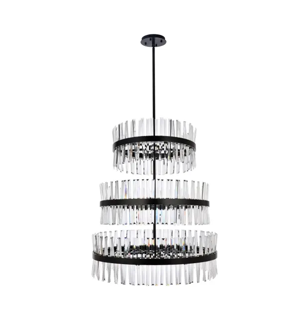 Installation Manual
Specification Sheet
Dimensions
Chain/Rod Length: 6+12+12+16"
Length: 36"
Width: 36"
Height: 110.5"
Maximum Height: 152"
Wire Length: 75"
Specifications
Assembly Required: yes
Bulb Included: No
Crystal/Glass Color: Clear
Dimmable: Yes
Distressed Finish: No
Dry/Wet/Damp: Dry
ETL: Yes
Finish (Color): Black
Fixture Material: Iron and Crystal
Hanging Device: Rod
Hardware Finish: Black
Harware Material: Iron
Max/Nominal Watt: 920W
Number of Lights: 46
Product Shape: Round
Product Type: Chandeliers
Product Warranty: 1 year limited
Socket Type: G9
UL & ULC Standard: No
Voltage: 110V - 125V
Wattage/Bulb: 20W
Weight: 107
Wire Included: Yes
Shipment type: LTL
US Shipping Cost: $142.00