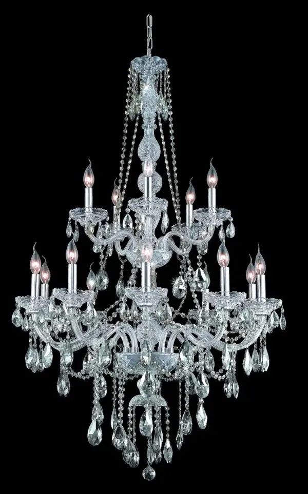 These large fixtures from the Verona collection provide the perfect lighting complement to a tall space that needs an exceptionally dramatic chandelier. At over four feet high and decorated with a fabulous mix of crystal festoons, balls, rings, and pendeloques, these spectacular fixtures are beyond impressive. Illumination is provided by two tiers of 15 candelabra lights (not included) on crystal bobéches, radiating from a beautiful cut-crystal center column. Available with a variety of finishes and different types of crystal. Collection: Verona Rooms: Dining room, Living room, Bedroom, Bathroom, Entry Way, Finish: Chrome Crystal: clear Notes: Royal Cut Crystal (Clear) Width: 33.00" Height: 52.00" Length: 33.00" Weight: 62.00 lb Chain: 60"Chrome Wire: 173" Clear Canopy: 5.31"x1.26" Number of Bulbs: 15 Maximum Wattage: 40.00 W Bulb Type: B10 Bulb Base: E12 Dimmable Voltage: 110.00 V Material: Steel and Glass Country of Origin: China Safety Listing: ETL Safety Rating: UL,ULC Title 20 Title 24 Manufacturer Warranty: 1 year limited