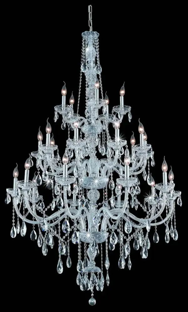 The spectacular chandeliers in the Verona collection are the height of elegance and style - and in this case, literally: These gorgeous fixtures tower to almost six feet high, and their impressive visual impact is further enhanced by a fabulous array of features and ornamentation. The intricate cut-crystal center columns support three tiers of graceful arms that hold 25 candelabra lights (not included) and crystal bobéches, along with draped crystal beads, balls, rings, and pendeloques. Available with a variety of finishes and many different types of crystal. Collection: Verona Rooms: Dining room, Living room, Bedroom, Bathroom, Entry Way, Finish: Chrome Crystal: clear Notes: Royal Cut Crystal (Clear) Width: 43.00" Height: 68.00" Length: 43.00" Weight: 109.00 lb Chain: 60"Chrome Wire: 173" Clear Canopy: 5.31"x1.26" Number of Bulbs: 25 Maximum Wattage: 40.00 W Bulb Type: B10 Bulb Base: E12 Dimmable Voltage: 110.00 V Material: Steel and Glass Country of Origin: China Safety Listing: ETL Safety Rating: UL,ULC Title 20 Title 24 Manufacturer Warranty: 1 year limited