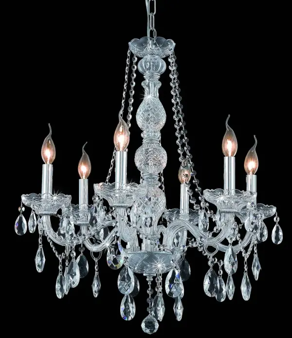 These splendid fixtures from the Verona collection offer all of the ornamentation and details that define a traditional chandelier. Reminiscent of classic styling found throughout Europe for centuries, the elegantly styled masterpieces feature six graceful arms supporting candelabra lights (not included) on crystal bobéches, coalescing at the base of an impressive center column with distinct cut-crystal shapes and strands of crystal beads. Other adornments include crystal droplets, rings, and pendeloques. Available with a choice of finishes and types of crystal. Collection: Verona Rooms: Dining room, Living room, Bedroom, Bathroom, Entry Way, Finish: Chrome Crystal: clear Notes: Royal Cut Crystal (Clear) Width: 24.00" Height: 28.00" Length: 24.00" Weight: 36.00 lb Extension from Wall: 8.50" Chain: 60"Chrome Wire: 126" Clear Canopy: 5.31"x1.26" Number of Bulbs: 6 Maximum Wattage: 40.00 W Bulb Type: B10 Bulb Base: E12 Dimmable Voltage: 110.00 V Material: Steel and Glass Country of Origin: China Safety Listing: ETL Safety Rating: UL,ULC Title 20 Title 24 Manufacturer Warranty: 1 year limited