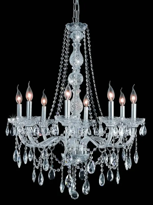 When your decorating calls for an elegantly styled chandelier with superb visual impact, the Verona collection offers fixtures to suit you perfectly. These updated versions of Old World classics are highlighted by a tall, intricate, cut-crystal center column accented with cascades of crystal beads. Eight arms capped with candelabra lights (not included) on crystal bobéches enhance the effects, along with glass rings, crystal festoons, and faceted crystal ornaments. Available with a choice of finishes and types of crystal. Collection: Verona Rooms: Dining room, Living room, Bedroom, Bathroom, Entry Way, Finish: Chrome Crystal: clear Notes: Royal Cut Crystal (Clear) Width: 28.00" Height: 34.00" Length: 28.00" Weight: 41.00 lb Extension from Wall: 8.50" Chain: 60"Chrome Wire: 173" Clear Canopy: 5.31"x1.26" Number of Bulbs: 8 Maximum Wattage: 40.00 W Bulb Type: B10 Bulb Base: E12 Dimmable Voltage: 110.00 V Material: Steel and Glass Country of Origin: China Safety Listing: ETL Safety Rating: UL,ULC Title 20 Title 24 Manufacturer Warranty: 1 year limited
