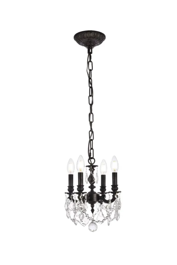 Lillie collection hanging fixtures radiate glamor and sparkle in a compact design that includes an attractive etched base in dark bronze, French gold, and pewter. Undulating branches leading to three or four candelabra bulbs (not included) are highlighted by hanging pendeloque crystals. Additional crystal strands create a circular wall of light at the bottom of this sophisticated design, accented by a lovely crystal bead at the bottom. Create a stunning focal point in your dining room, living room, bedroom, bathroom, and entryway with a Lillie collection hanging fixture. Elegant-cut, royal-cut, Swarovski Elements, or Swarovski Spectra crystal trims are available in golden teak and crystal to match your décor. Collection: Lillie Rooms: Dining room, Living room, Bedroom, Bathroom, Entry Way, Finish: Dark Bronze Crystal: clear Notes: Royal Cut Crystal (Clear) Width: 10.00" Height: 10.00" Length: 10.00" Weight: 13.00 lb Chain: 60"Dark Bronze Wire: 141.73" Brown Canopy: 5.9"x1.77" Number of Bulbs: 4 Maximum Wattage: 40.00 W Bulb Type: B10 Bulb Base: E12 Dimmable Voltage: 110.00 V Material: Brass and Crystal Country of Origin: China Safety Listing: UL / Ulc Safety Rating: UL,ULC Title 20 Title 24 Manufacturer Warranty: 1 year limited