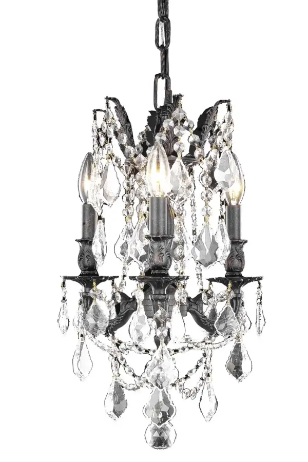 Rosalia collection hanging fixtures bring the decadence and splendor of Austro-Hungarian royalty into your home. An empire-style frame with curved stylized arms bears exposed bulbs (not included) above while strands of draped octagon crystals and precision-cut crystal pendeloques shimmer below. Available in bold finishes (dark bronze, French gold, and pewter) that hint at the design's vintage-inspired origins, and with clear or golden-teak crystals, your guests will appreciate the royal treatment. Splendid in a dining room, stairwell, or living room. Collection: Rosalia Rooms: Dining room, Living room, Bedroom, Bathroom, Entry Way, Finish: Dark Bronze Crystal: clear Notes: Royal Cut Crystal (Clear) Width: 13.00" Height: 18.00" Length: 13.00" Weight: 18.00 lb Chain: 60"Dark Bronze Wire: 141.73" Brown Canopy: 5.9"x1.77" Number of Bulbs: 3 Maximum Wattage: 40.00 W Bulb Type: B10 Bulb Base: E12 Dimmable Voltage: 110.00 V Material: Brass and Crystal Country of Origin: China Safety Listing: UL / Ulc Safety Rating: UL,ULC Title 20 Title 24 Manufacturer Warranty: 1 year limited