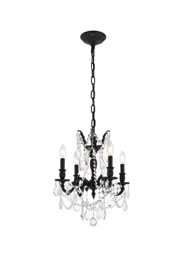 Rosalia collection hanging fixtures bring the decadence and splendor of Austro-Hungarian royalty into your home. An empire-style frame with curved stylized arms bears exposed bulbs (not included) above while strands of draped octagon crystals and precision-cut crystal pendeloques shimmer below. Available in bold finishes (dark bronze, French gold, and pewter) that hint at the design's vintage-inspired origins, and with clear or golden-teak crystals, your guests will appreciate the royal treatment. Splendid in a dining room, stairwell, or living room. Collection: Rosalia Rooms: Dining room, Living room, Bedroom, Bathroom, Entry Way, Finish: Dark Bronze Crystal: clear Notes: Royal Cut Crystal (Clear) Width: 17.00" Height: 21.00" Length: 17.00" Weight: 23.00 lb Chain: 60"Dark Bronze Wire: 141.73" Brown Canopy: 5.9"x1.77" Number of Bulbs: 4 Maximum Wattage: 40.00 W Bulb Type: B10 Bulb Base: E12 Dimmable Voltage: 110.00 V Material: Brass and Crystal Country of Origin: China Safety Listing: UL / Ulc Safety Rating: UL,ULC Title 20 Title 24 Manufacturer Warranty: 1 year limited