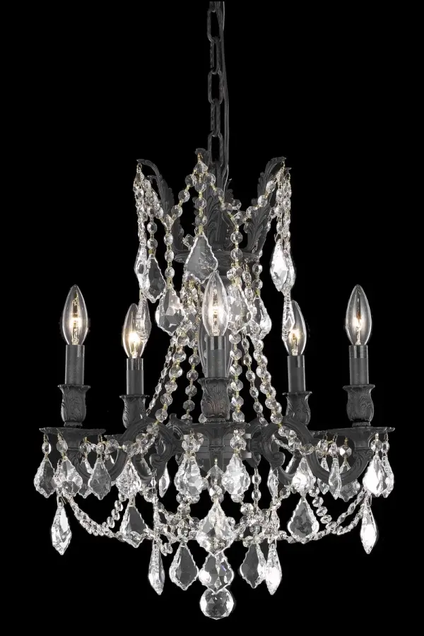 Rosalia collection hanging fixtures bring the decadence and splendor of Austro-Hungarian royalty into your home. An empire-style frame with curved stylized arms bears exposed bulbs (not included) above while strands of draped octagon crystals and precision-cut crystal pendeloques shimmer below. Available in bold finishes (dark bronze, French gold, and pewter) that hint at the design's vintage-inspired origins, and with clear or golden-teak crystals, your guests will appreciate the royal treatment. Splendid in a dining room, stairwell, or living room. Collection: Rosalia Rooms: Dining room, Living room, Bedroom, Bathroom, Entry Way, Finish: Dark Bronze Crystal: clear Notes: Royal Cut Crystal (Clear) Width: 18.00" Height: 19.00" Length: 18.00" Weight: 27.00 lb Chain: 60"Dark Bronze Wire: 141.73" Brown Canopy: 5.9"x1.77" Number of Bulbs: 5 Maximum Wattage: 40.00 W Bulb Type: B10 Bulb Base: E12 Dimmable Voltage: 110.00 V Material: Brass and Crystal Country of Origin: China Safety Listing: UL / Ulc Safety Rating: UL,ULC Title 20 Title 24 Manufacturer Warranty: 1 year limited