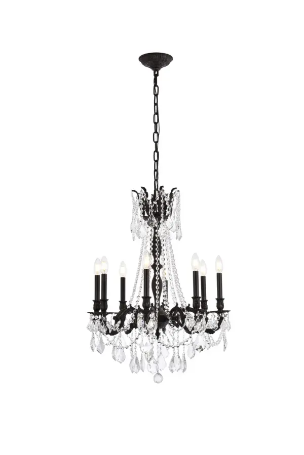 Rosalia collection hanging fixtures bring the decadence and splendor of Austro-Hungarian royalty into your home. An empire-style frame with curved stylized arms bears exposed bulbs (not included) above while strands of draped octagon crystals and precision-cut crystal pendeloques shimmer below. Available in bold finishes (dark bronze, French gold, and pewter) that hint at the design's vintage-inspired origins, and with clear or golden-teak crystals, your guests will appreciate the royal treatment. Splendid in a dining room, stairwell, or living room. Collection: Rosalia Rooms: Dining room, Living room, Bedroom, Bathroom, Entry Way, Finish: Dark Bronze Crystal: clear Notes: Royal Cut Crystal (Clear) Width: 24.00" Height: 30.00" Length: 24.00" Weight: 45.00 lb Chain: 60"Dark Bronze Wire: 141.73" Brown Canopy: 5.9"x1.77" Number of Bulbs: 8 Maximum Wattage: 40.00 W Bulb Type: B10 Bulb Base: E12 Dimmable Voltage: 110.00 V Material: Brass and Crystal Country of Origin: China Safety Listing: UL / Ulc Safety Rating: UL,ULC Title 20 Title 24 Manufacturer Warranty: 1 year limited