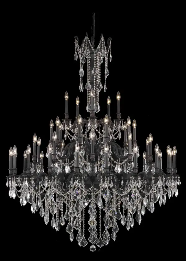 Rosalia collection hanging fixtures bring the decadence and splendor of Austro-Hungarian royalty into your home. An empire-style frame with curved stylized arms bears exposed bulbs (not included) above while strands of draped octagon crystals and precision-cut crystal pendeloques shimmer below. Available in bold finishes (dark bronze, French gold, and pewter) that hint at the design's vintage-inspired origins, and with clear or golden-teak crystals, your guests will appreciate the royal treatment. Splendid in a dining room, stairwell, or living room. Collection: Rosalia Rooms: Dining room, Living room, Bedroom, Bathroom, Entry Way, Finish: Dark Bronze Crystal: clear Notes: Royal Cut Crystal (Clear) Width: 54.00" Height: 66.00" Length: 54.00" Weight: 285.00 lb Chain: 60"Dark Bronze Wire: 141.73" Brown Canopy: 7.09"x3.86" Number of Bulbs: 45 Maximum Wattage: 40.00 W Bulb Type: B10 Bulb Base: E12 Dimmable Voltage: 110.00 V Material: Brass and Crystal Country of Origin: China Safety Listing: UL / Ulc Safety Rating: UL,ULC Title 20 Title 24 Manufacturer Warranty: 1 year limited