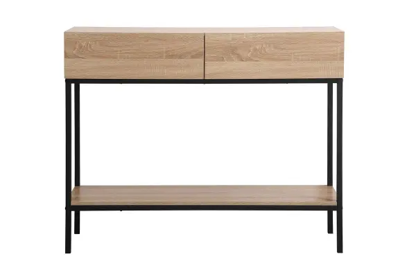 Emerson industrial console table is made from composite wood, the console table is perfect for displaying your photos and décor in your entry way. With the added bottom shelf to display on, the table is smooth to touch and can support up to 50 lbs. The mango wood finish boasts with character as the natural wood grain, knots, and flaws show through. Collection: Emerson Rooms: office Finish: mango wood Width: 14.00" Height: 34.00" Length: 42.00" Weight: 57.00 lb Material: MDF and Metal Country of Origin: China Manufacturer Warranty: 1 year limited Spec Sheet