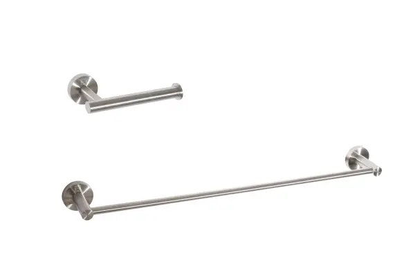 A practical 2-piece bathroom hardware set featuring a towel bar and open-ended toilet paper holder in brushed nickel. Stainless steel construction resists corrosion and rust, while the modern finish complements various bathroom styles.