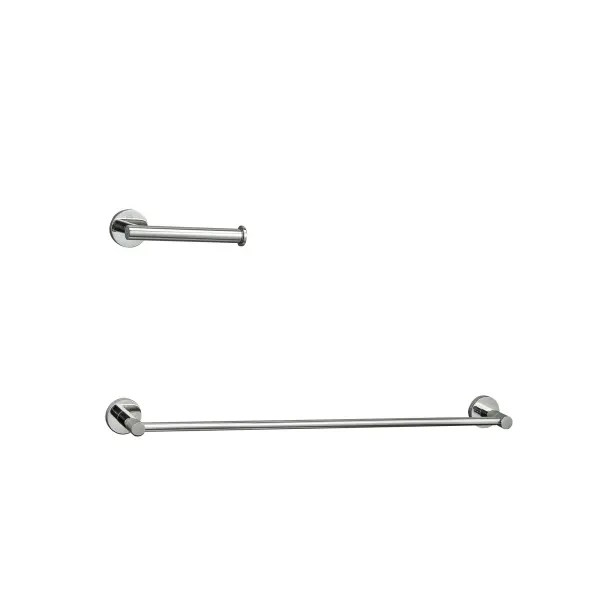 A sleek 2-piece bathroom hardware set featuring a towel bar and open-ended toilet paper holder in polished chrome. The stainless steel construction resists corrosion and rust while adding contemporary style to any bathroom.
