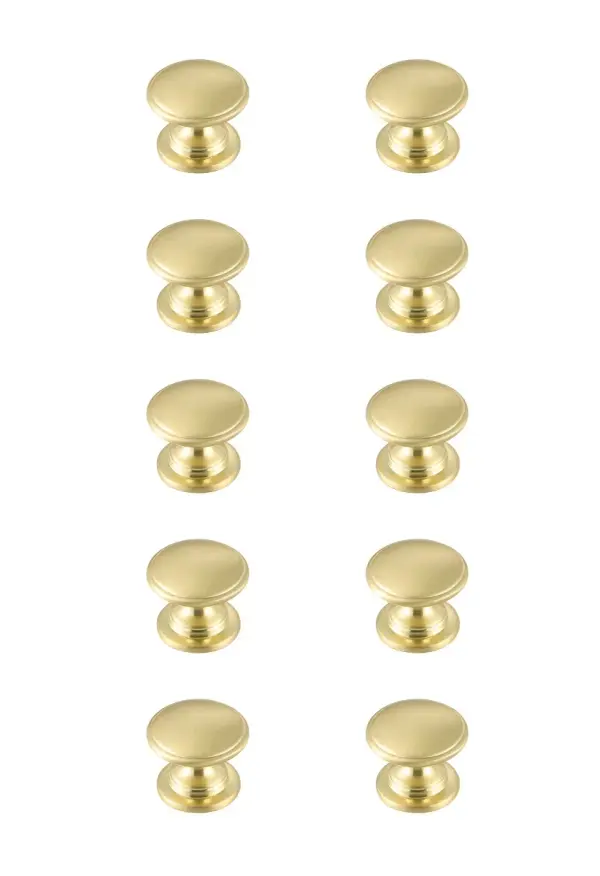 The stunning drawer mushroom knobs are a fabulous upgrade to any kitchen, bathroom, or furniture. They are easy to install and provides a beautiful accent to your furniture. Each of the hardware conveniently comes with two sets of mounting screws to save your time and trip to the hardware store. The ten pack hardware is packaged individually to protect scratches of your timeless investment during shipping. Collection: Kaid Rooms: Bathroom, Kitchen Finish: Brushed Gold Width: 1.20" Height: 1.00" Length: 1.20" Weight: 1.00 lb Extension from Wall: 1.00" Material: Metal Country of Origin: China Manufacturer Warranty: 1 year limited