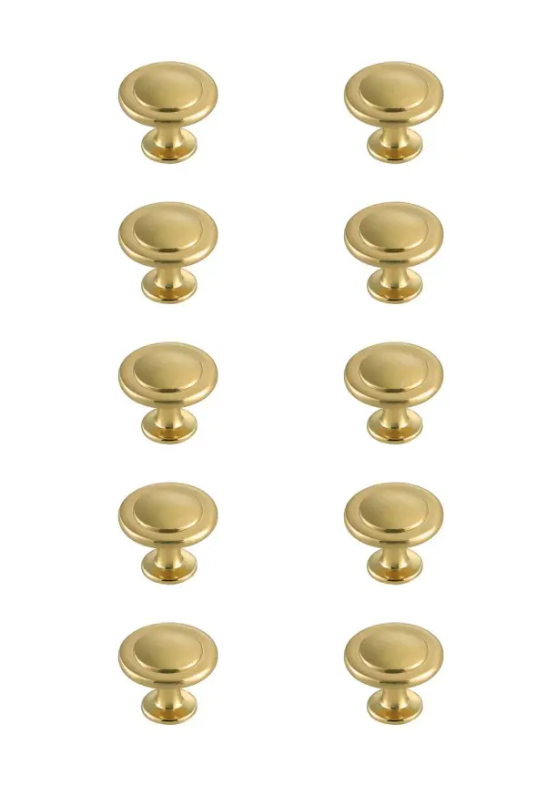 The stunning drawer mushroom knobs are a fabulous upgrade to any kitchen, bathroom, or furniture. They are easy to install and provides a beautiful accent to your furniture. Each of the hardware conveniently comes with two sets of mounting screws to save your time and trip to the hardware store. The ten pack hardware is packaged individually to protect scratches of your timeless investment during shipping. Collection: Logyn Rooms: Bathroom, Kitchen Finish: Brushed Gold Width: 1.30" Height: 1.00" Length: 1.30" Weight: 1.00 lb Extension from Wall: 1.00" Material: Metal Country of Origin: China Manufacturer Warranty: 1 year limited