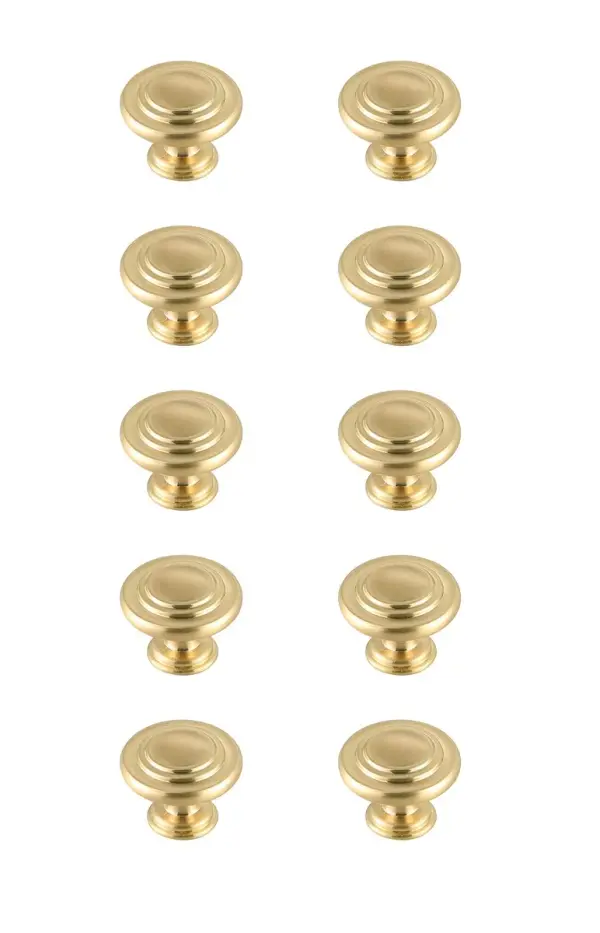 The stunning drawer mushroom knobs are a fabulous upgrade to any kitchen, bathroom, or furniture. They are easy to install and provides a beautiful accent to your furniture. Each of the hardware conveniently comes with two sets of mounting screws to save your time and trip to the hardware store. The ten pack hardware is packaged individually to protect scratches of your timeless investment during shipping. Collection: Minu Rooms: Bathroom, Kitchen Finish: Brushed Gold Width: 1.30" Height: 1.00" Length: 1.30" Weight: 1.00 lb Extension from Wall: 1.00" Material: Metal Country of Origin: China Manufacturer Warranty: 1 year limited