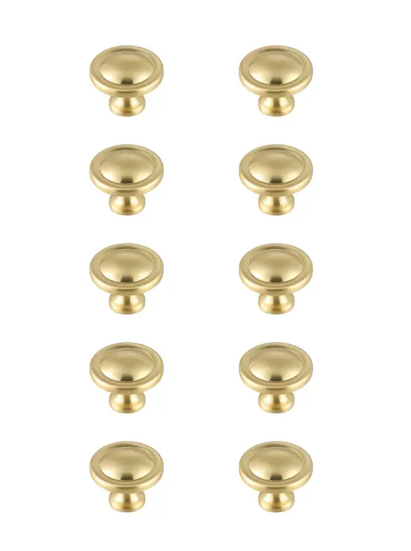 The stunning drawer mushroom knobs are a fabulous upgrade to any kitchen, bathroom, or furniture. They are easy to install and provides a beautiful accent to your furniture. Each of the hardware conveniently comes with two sets of mounting screws to save your time and trip to the hardware store. The ten pack hardware is packaged individually to protect scratches of your timeless investment during shipping. Collection: Garlande Rooms: Bathroom, Kitchen Finish: Brushed Gold Width: 1.20" Height: 0.90" Length: 1.20" Weight: 1.00 lb Extension from Wall: 0.90" Material: Metal Country of Origin: China Manufacturer Warranty: 1 year limited