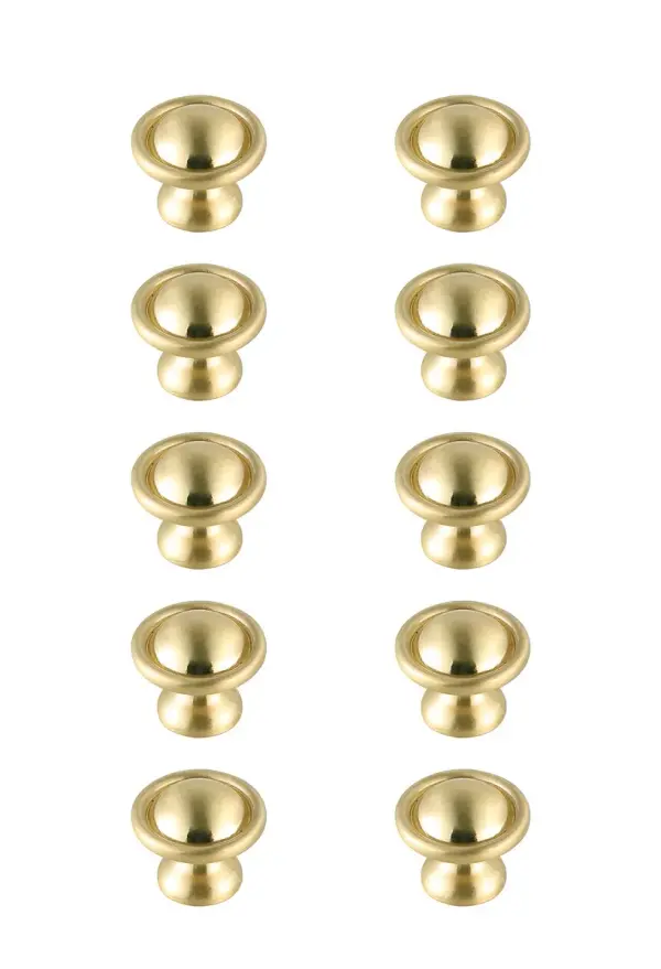The stunning drawer mushroom knobs are a fabulous upgrade to any kitchen, bathroom, or furniture. They are easy to install and provides a beautiful accent to your furniture. Each of the hardware conveniently comes with two sets of mounting screws to save your time and trip to the hardware store. The ten pack hardware is packaged individually to protect scratches of your timeless investment during shipping. Collection: Kadea Rooms: Bathroom, Kitchen Finish: Brushed Gold Width: 1.20" Height: 1.00" Length: 1.20" Weight: 1.00 lb Extension from Wall: 1.00" Material: Metal Country of Origin: China Manufacturer Warranty: 1 year limited