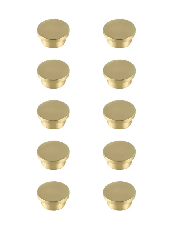 The stunning oversized round drawer knobs are a fabulous upgrade to any kitchen, bathroom, or furniture. They are easy to install and provides a beautiful accent to your furniture. Each of the hardware conveniently comes with two sets of mounting screws to save your time and trip to the hardware store. The ten pack hardware is packaged individually to protect scratches of your timeless investment during shipping. Collection: Trovon Rooms: Bathroom, Kitchen Finish: Brushed Gold Width: 1.60" Height: 0.70" Length: 1.60" Weight: 1.50 lb Extension from Wall: 0.70" Material: Metal Country of Origin: China Manufacturer Warranty: 1 year limited