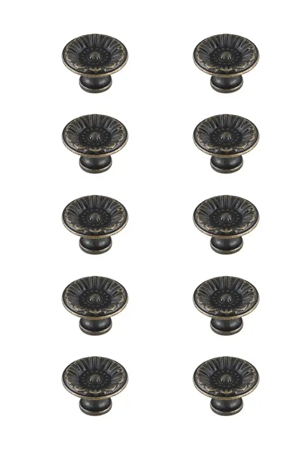 The traditional drawer mushroom knobs are a fabulous upgrade to any kitchen, bathroom, or furniture. They are easy to install and provides a beautiful accent to your furniture. Each of the hardware conveniently comes with two sets of mounting screws to save your time and trip to the hardware store. The ten pack hardware is packaged individually to protect scratches of your timeless investment during shipping. Collection: Corio Rooms: Bathroom, Kitchen Finish: Antique Bronze Width: 1.10" Height: 0.70" Length: 1.10" Weight: 0.50 lb Extension from Wall: 0.70" Material: Metal Country of Origin: China Manufacturer Warranty: 1 year limited