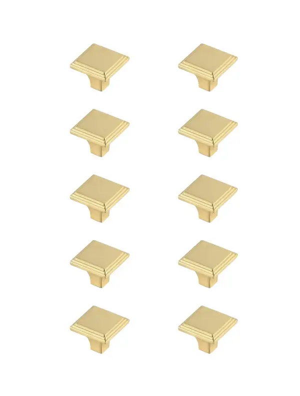 The stunning square drawer knobs are a fabulous upgrade to any kitchen, bathroom, or furniture. They are easy to install and provides a beautiful accent to your furniture. Each of the hardware conveniently comes with two sets of mounting screws to save your time and trip to the hardware store. The ten pack hardware is packaged individually to protect scratches of your timeless investment during shipping. Collection: Wilow Rooms: Bathroom, Kitchen Finish: Brushed Gold Width: 1.00" Height: 1.00" Length: 1.00" Weight: 0.50 lb Extension from Wall: 0.80" Material: Metal Country of Origin: China Manufacturer Warranty: 1 year limited