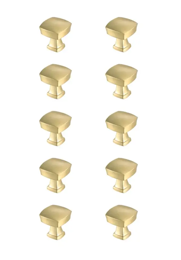 The stunning square drawer knobs are a fabulous upgrade to any kitchen, bathroom, or furniture. They are easy to install and provides a beautiful accent to your furniture. Each of the hardware conveniently comes with two sets of mounting screws to save your time and trip to the hardware store. The ten pack hardware is packaged individually to protect scratches of your timeless investment during shipping. Collection: Irvin Rooms: Bathroom, Kitchen Finish: Brushed Gold Width: 1.30" Height: 1.30" Length: 1.30" Weight: 1.50 lb Extension from Wall: 1.30" Material: Metal Country of Origin: China Manufacturer Warranty: 1 year limited