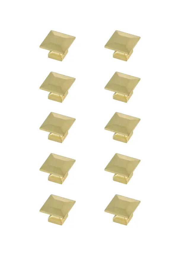 The stunning square drawer knobs are a fabulous upgrade to any kitchen, bathroom, or furniture. They are easy to install and provides a beautiful accent to your furniture. Each of the hardware conveniently comes with two sets of mounting screws to save your time and trip to the hardware store. The ten pack hardware is packaged individually to protect scratches of your timeless investment during shipping. Collection: Cecil Rooms: Bathroom, Kitchen Finish: Brushed Gold Width: 1.30" Height: 1.30" Length: 1.30" Weight: 1.50 lb Extension from Wall: 0.70" Material: Metal Country of Origin: China Manufacturer Warranty: 1 year limited